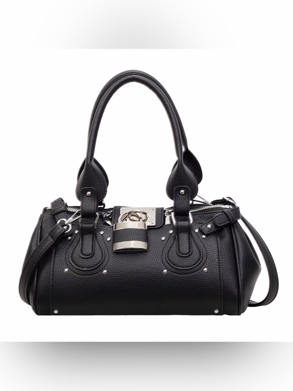 Black Leather Satchel Handbag with Silver Hardware